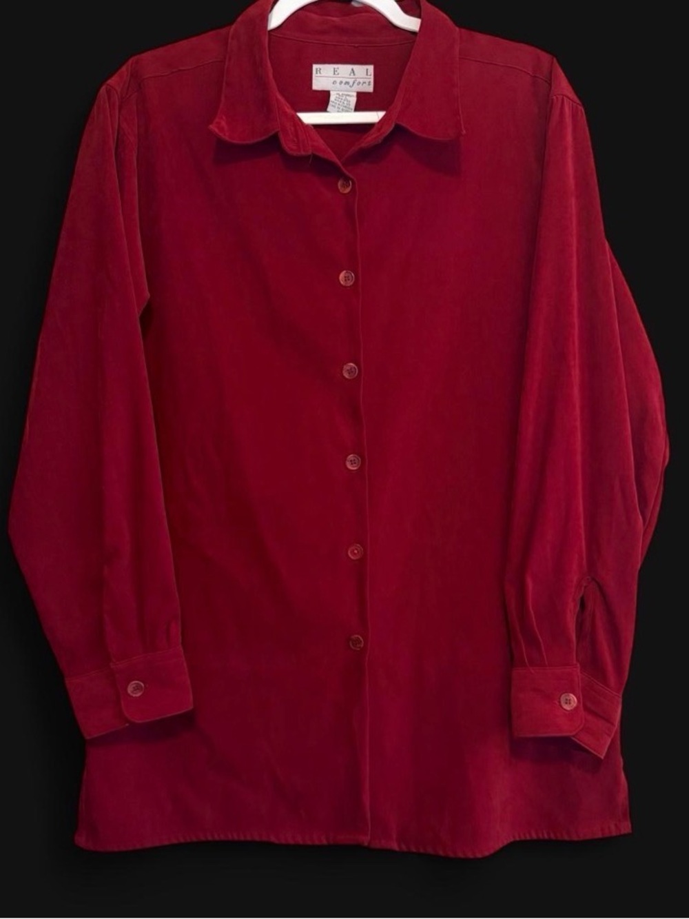 Vintage 90s Real Comfort Ruby Red Velvet Collared Tunic Blouse Large Shacket